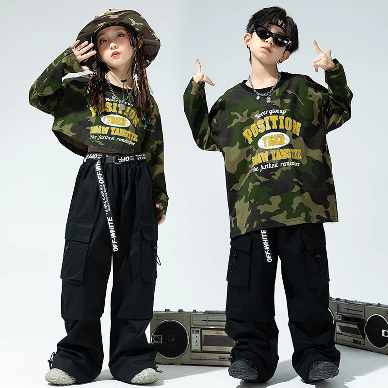 

Kids Hip Hop Clothing Camouflage Sweatshirt Tops Casual Cargo Pants for Girl Boy Jazz Streetwear Dance Costumes Showing Clothes