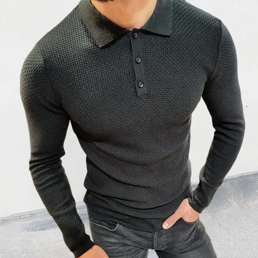 Waffle Textured Slim Fit Men Top Men's Autumn Winter Knit Tops Lapel Buttons Solid Color Long Sleeve Waffle Texture for Stylish