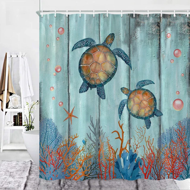 Sea Turtle Theme Shower Curtain Set Wooden Board Coral Water Plants Bubble  Sea Life Bathroom Curtain