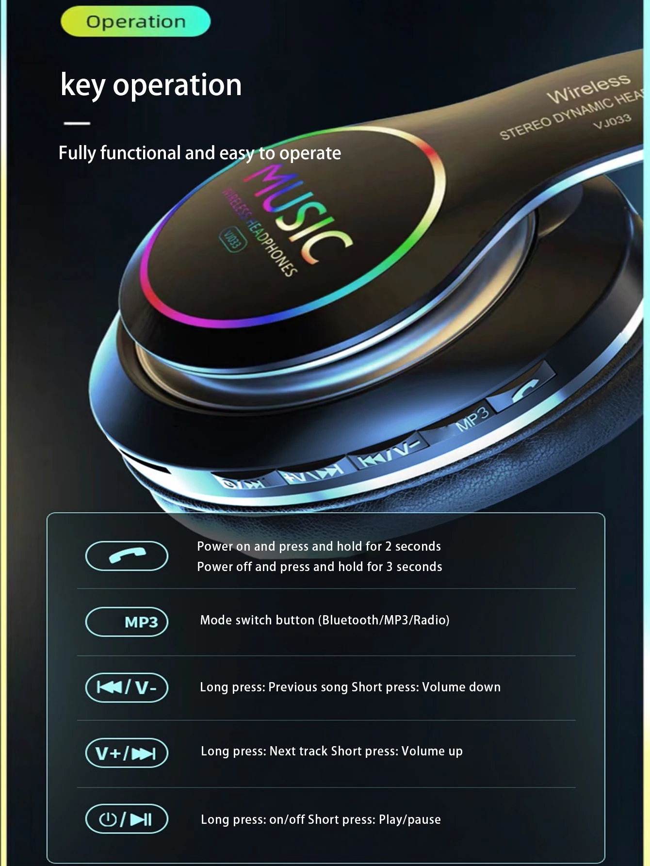 Colorful and cool glowing over-ear Bluetooth headphones with long-lasting battery life,  suitable for gaming and sports. 5