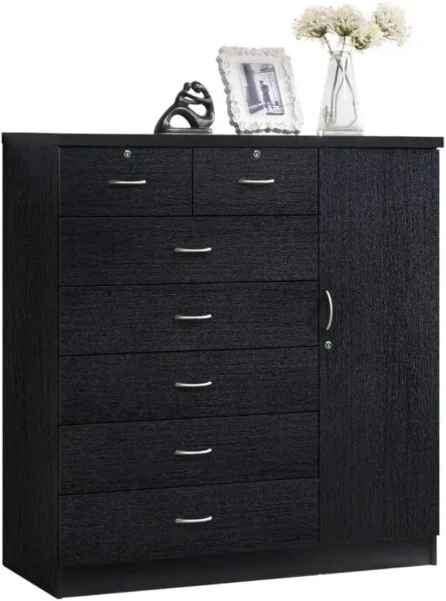 

7 Drawer Jumbo Chest, Five Large Drawers, Two Smaller Drawers with Two Lock, Hanging Rod, and Three Shelves | Black