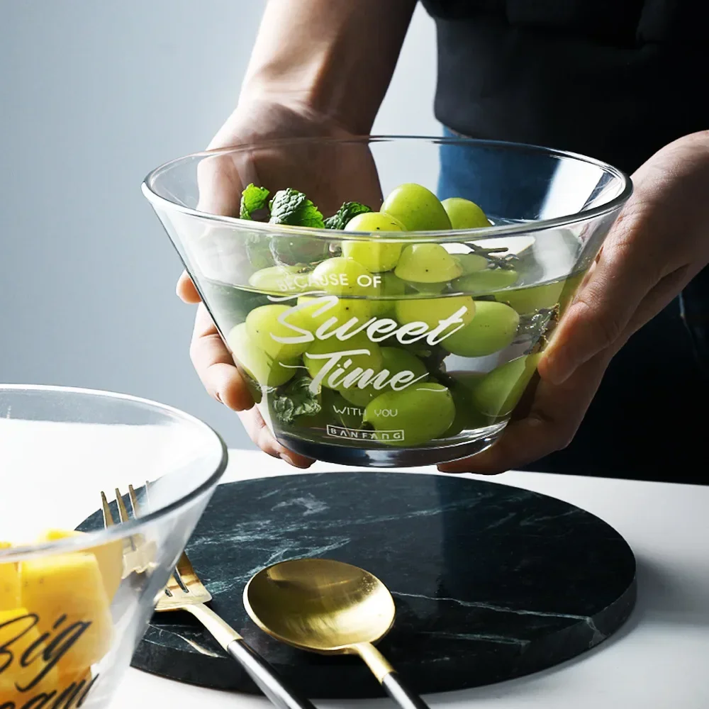 Transparent Glass Salad Bowl English Letter Dinner Plates Soup container Deep Dish Dinnerware Kitchen Accessories For Fruit Soup