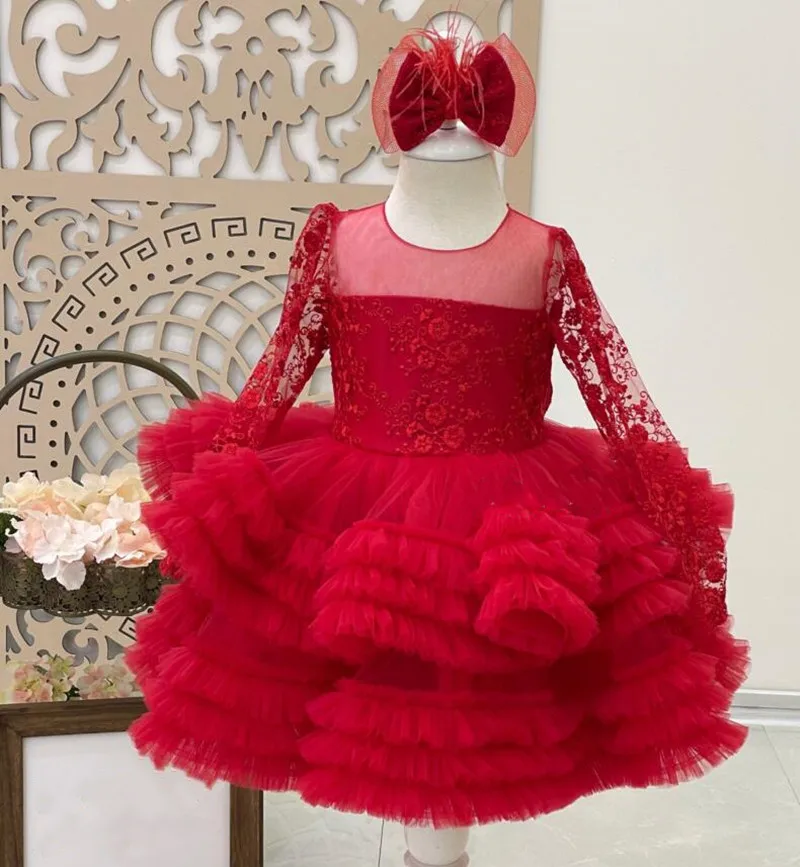

Puffy Red Princess Flower Girl Dresses Cute Baby Girl Dress Infant Birthday Party Dresses First Communion Dress