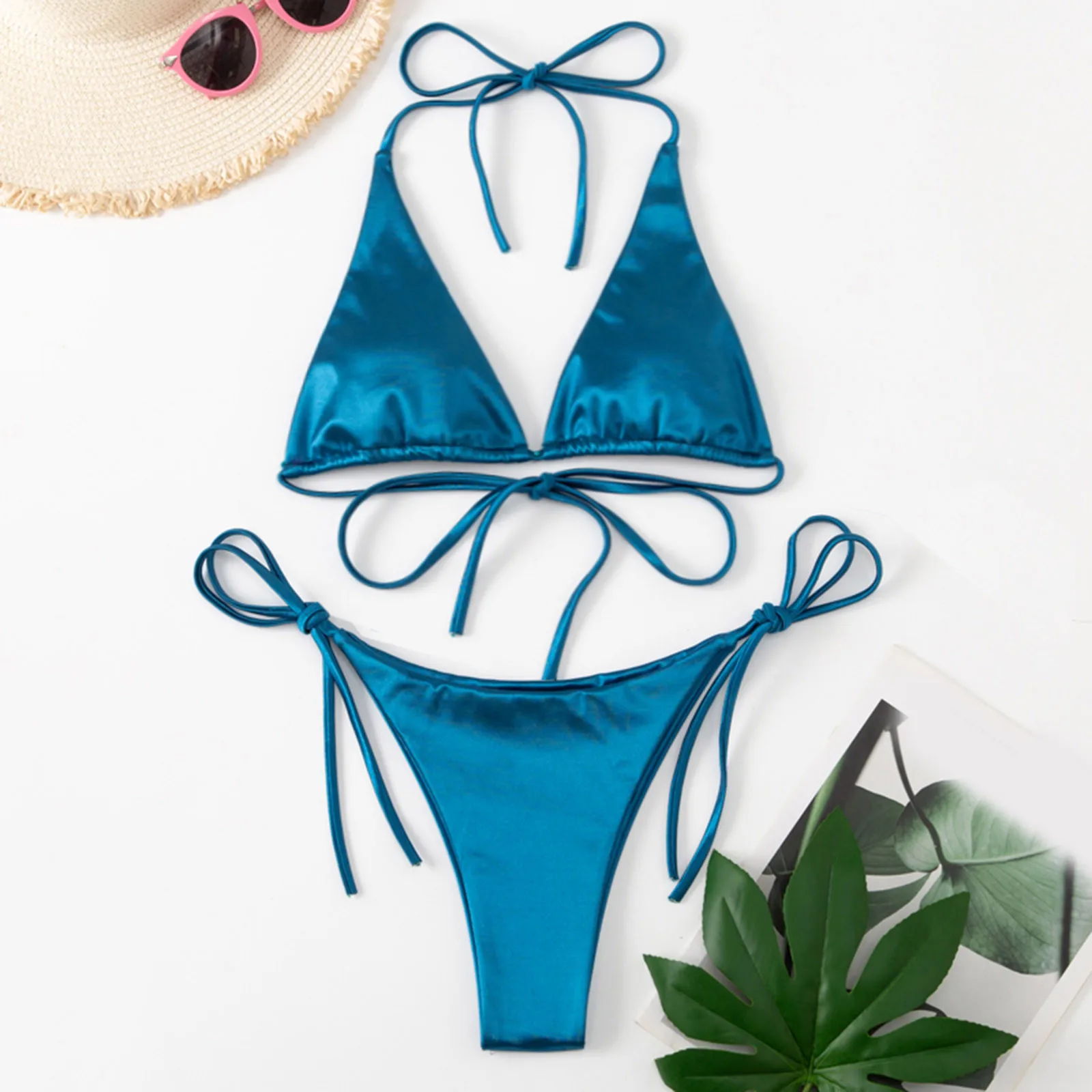 

Sexy Bikini Satin Silk Swimsuit Women Swimwear Push Up Set Brazilian Bathing Suit Summer Two Pieces Lace Up Beach Wear Swimsuit