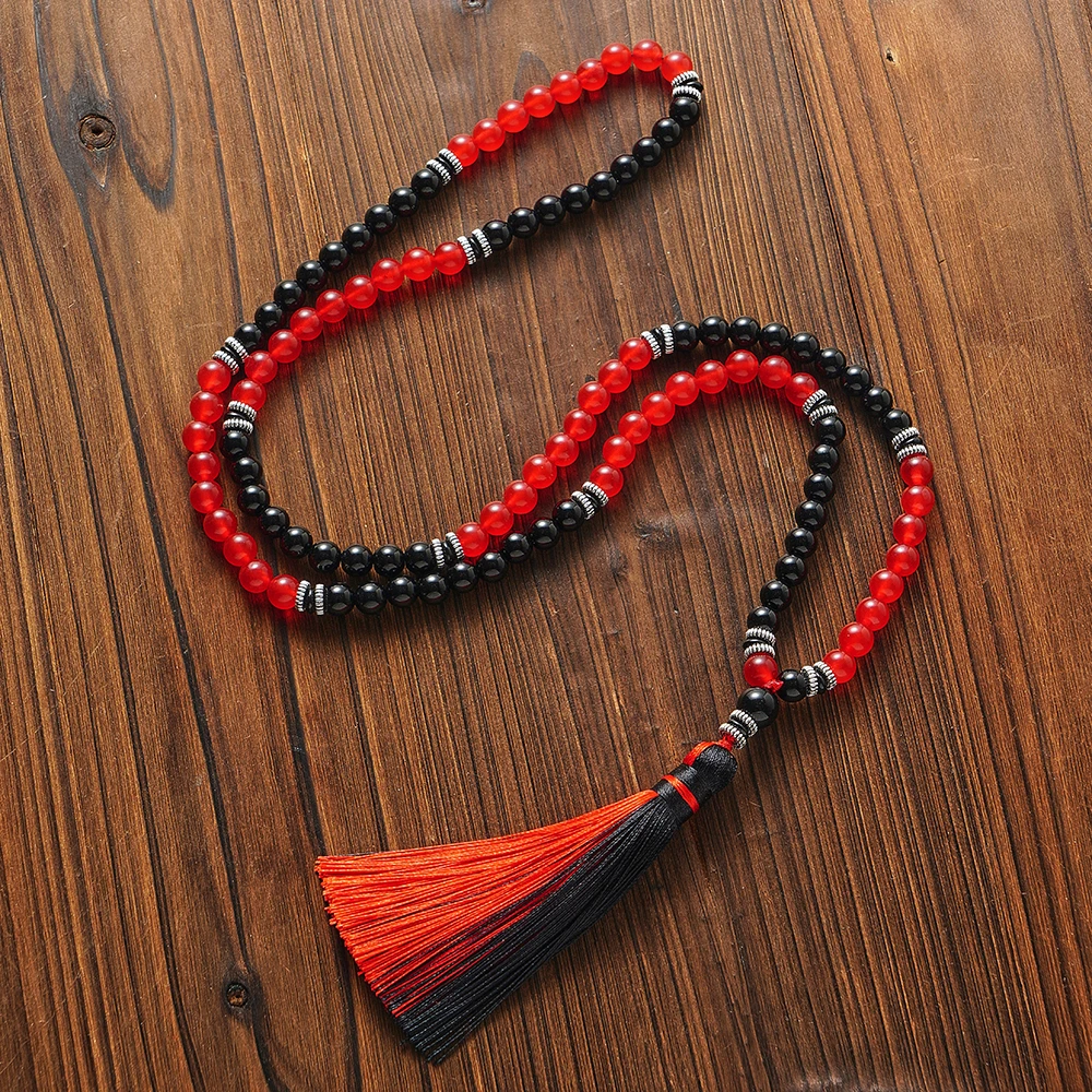 

108 Mala Necklace for Men and Women, 8mm, Red Agate, Black Onyx Beads, Meditation, Yoga, Prayer Jewelry, Japamala Rosary