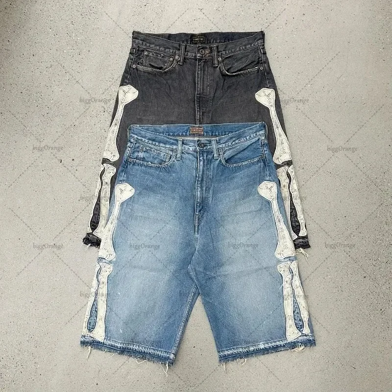 2024 European and American Summer Retro Skeleton Denim Shorts Sports Casual Shorts New Couple Wear Street Wear Five-Fifth Pants 2