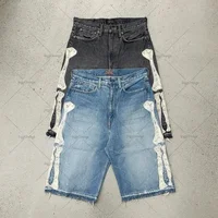 2024 European and American Summer Retro Skeleton Denim Shorts Sports Casual Shorts New Couple Wear Street Wear Five-Fifth Pants 2