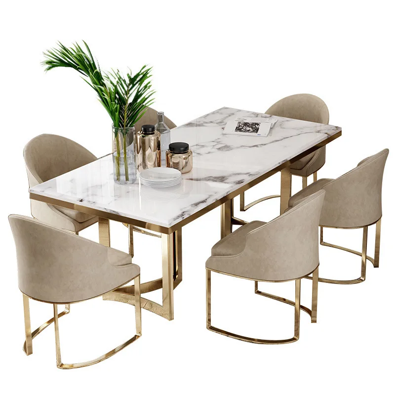 Dining Room Sets Stainless Steel Metal Marble Top Luxury Tables and Chairs Set for Apartment Customized