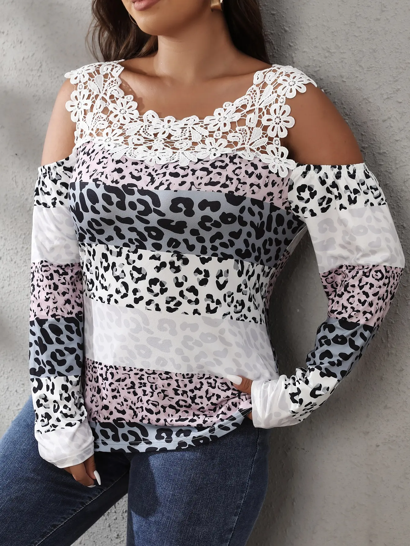 Finjani Plus Size Womens Clothing Lace Leopard Color Block T-shirts Slim and Elastic Women's Tee Top