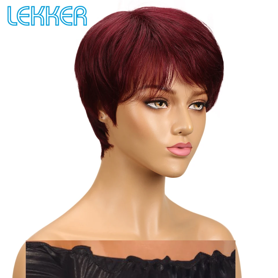 Lekker 99j Burg 여성용 짧은 픽시 컷 인모 가발, 브라질 레미 헤어 컬러, 풀 머신, 스트레이트 밥 가발