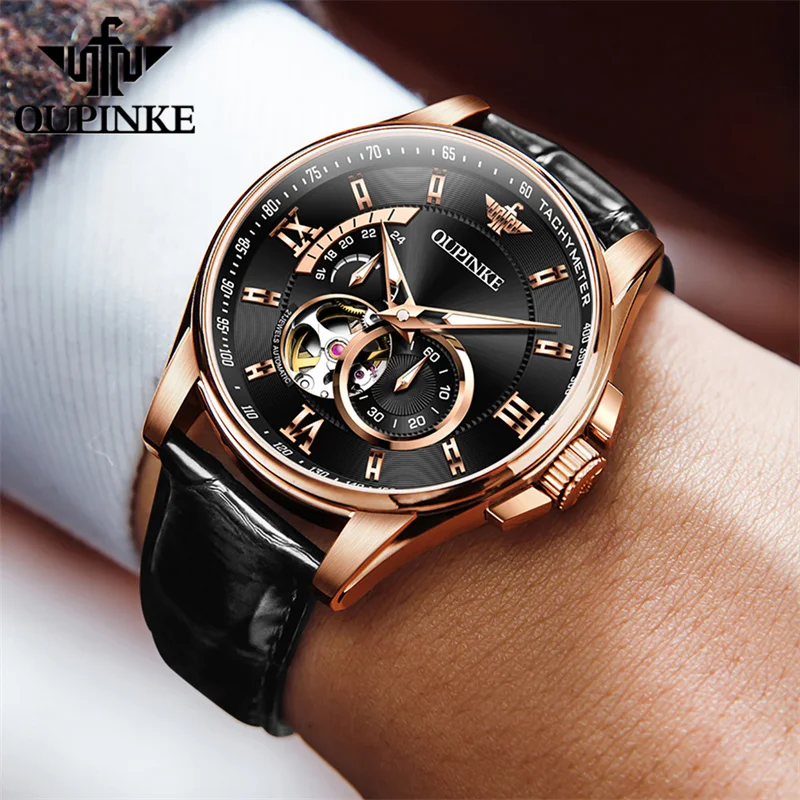 

OUPINKE Top Brands Fashion Men Watch Mechanical Automatic Waterproof Skeleton Male Wrist Watch Leather Strap Relogio Masculino