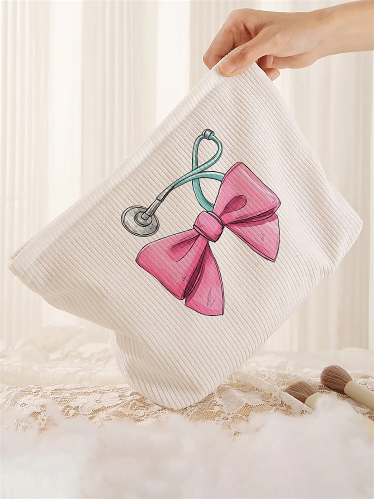 Butterfly pattern printed corduroy makeup bag, lightweight zipper makeup storage box, multifunctional bag with lining