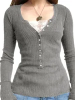 Women Button Front Knit Tops Long Sleeve Lace Patchwork Slim Fit Sweater Fall Fairy Grunge Gothic Y2K Clothes - Image 2