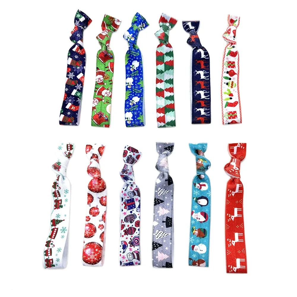 

100 Pcs/lot Hot Christmas Hair Tie Santa Claus Snowman Deer Print Ponytail Holder Red Deer FOE Elastic Hair Band Assorted Colors