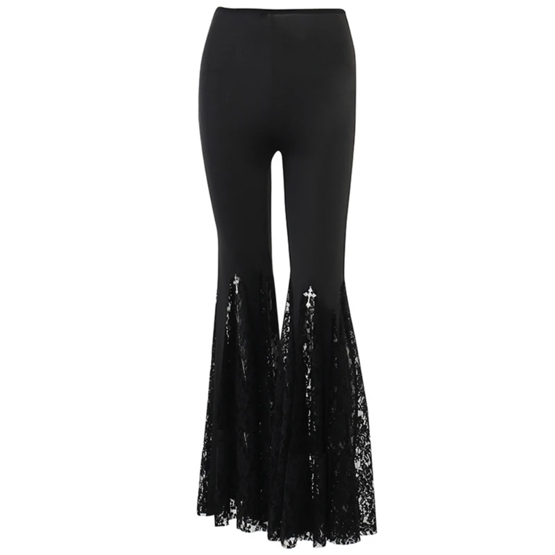 Gothic Style Flared Pants Sexy Black Lace Patchwork High Waist Trousers Vintage Harajuku Punk Style Streetwear Y2K Pants
