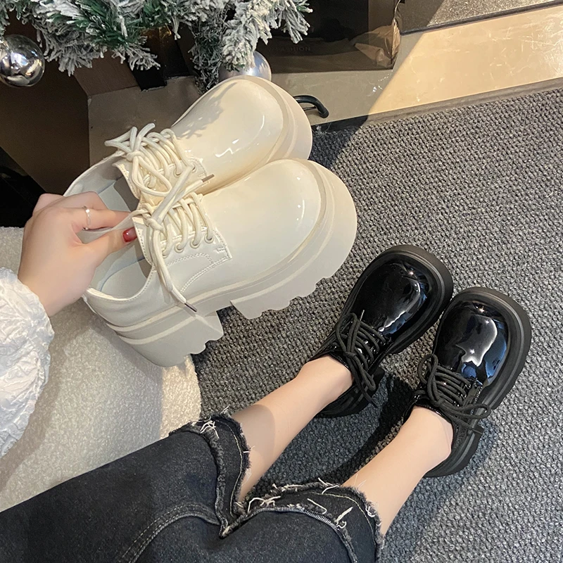 Aphixta 7.5cm Square Heel Ankle Boots Patent Leather Sneakers Women's Shoes Chunky Sole Lace Up Black Boots Shoes Women