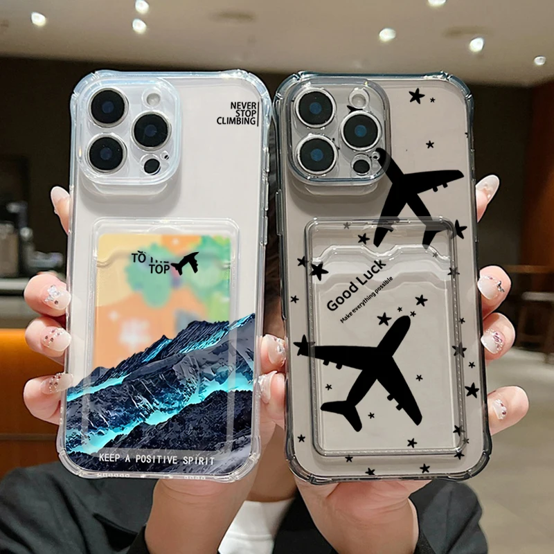 Airplane Design Clear TPU Card Holder Phone Case - Soft Silicone Cover