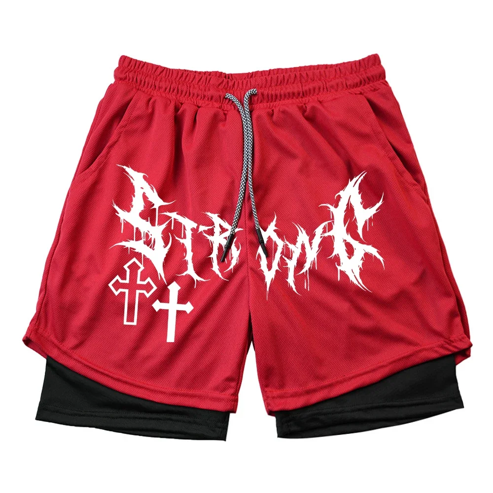 Men's Double Layer 2-in-1 Shorts Summer Gothic High Street Shorts Compression Quick Dry Breathable Fitness Joggers Casual Short 5