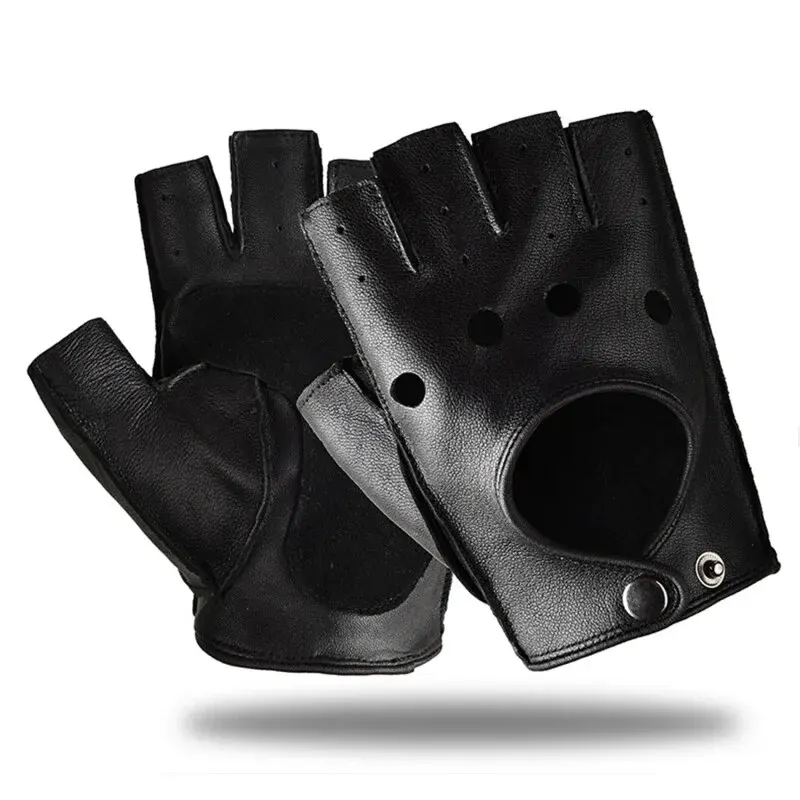 Mens Motorcycle Gloves Fingerless Half Finger Driving Fitness Cycling Goatskin Pu Leather Mittens
