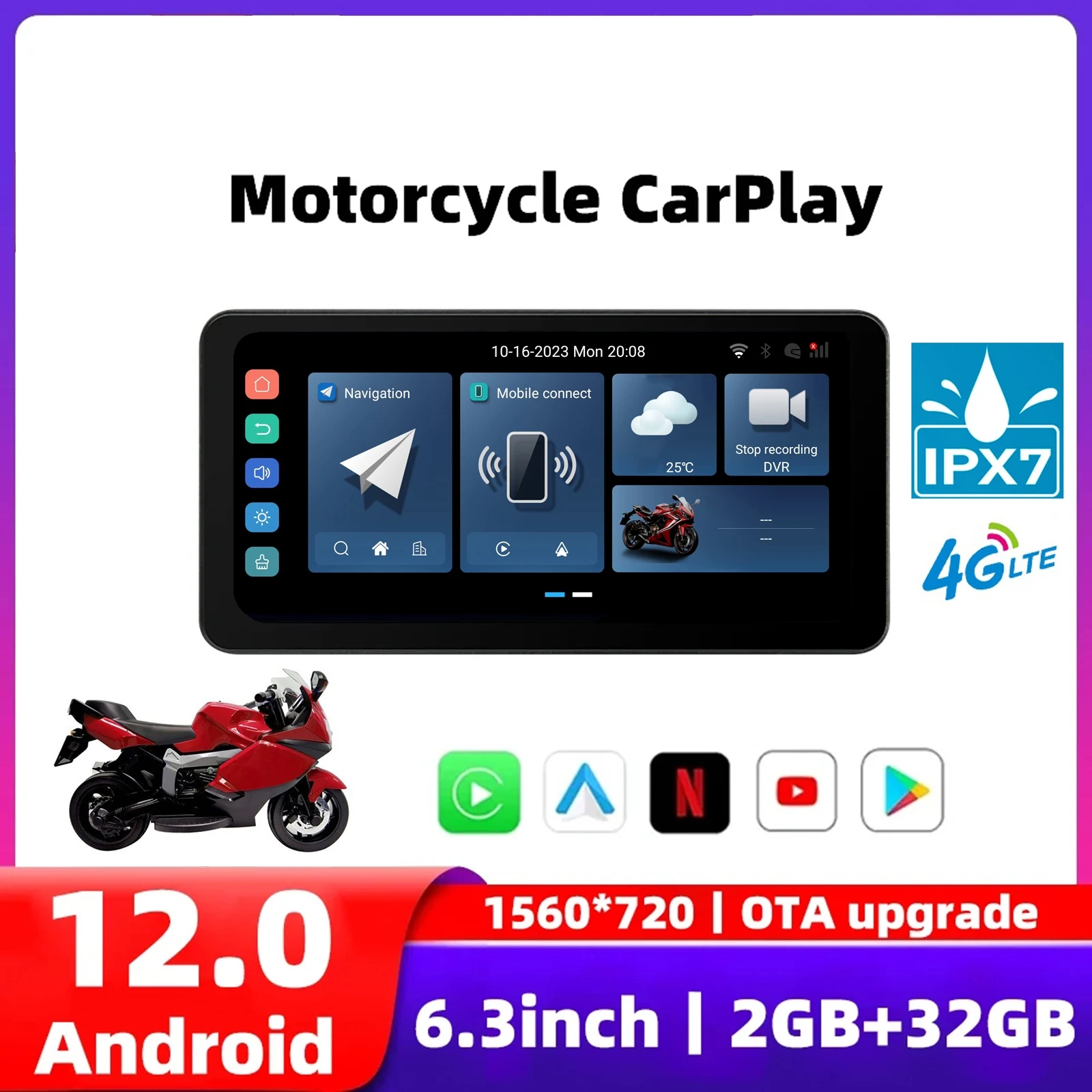 

Для мотоцикла CarPlay 6,3 дюйма 1000nit навигационный экран для мотоцикла 4G сеть Android 12,0 IPX7 водонепроницаемый двойной Bluetooth
