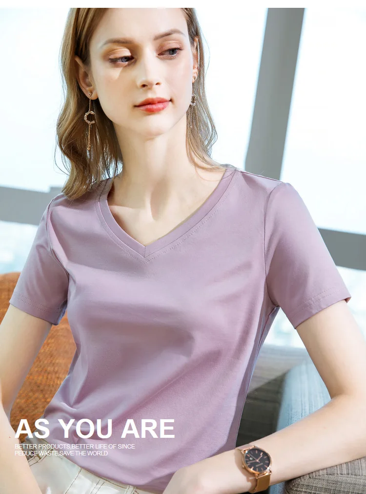 Ice Sensitive Silk Cotton V-neck Short Sleeved T-shirt for Women's Solid Round Neck Basic Commuting Elastic Oversized Top