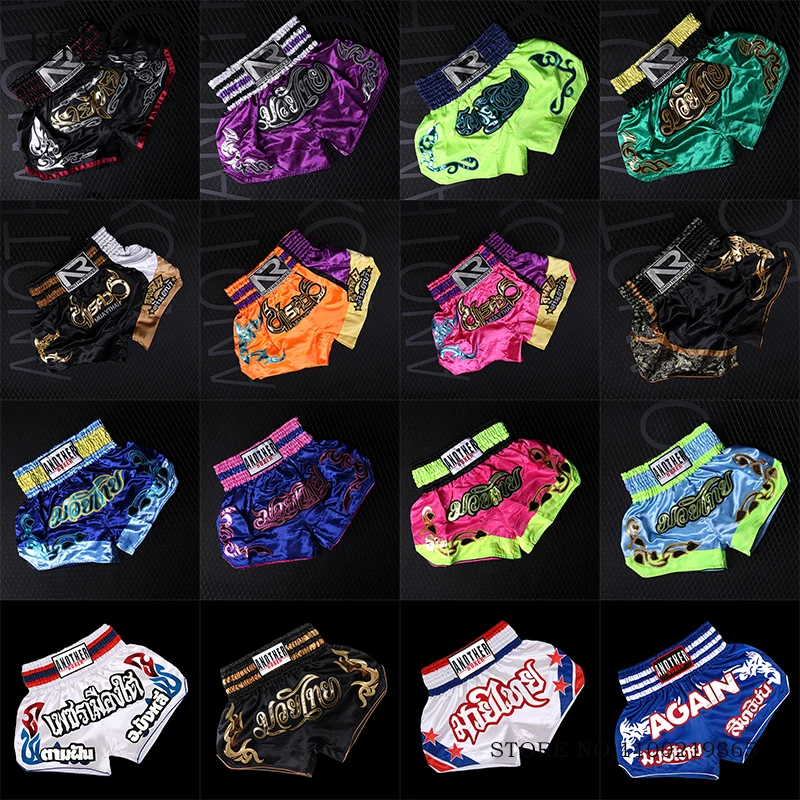 

Boxing Shorts Men Women Child Satin Muay Thai Shorts Kickboxing Pants Embroidery Breathable Fighting Thaiboxing Grappling Trunks