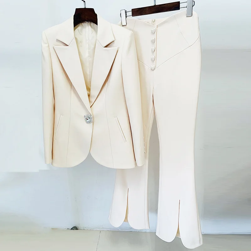 

High-quality Star Designer Elegant Temperament Arc Cut Diamond Trousers Suit Flared Two-piece Blazer Women Suits Office Sets