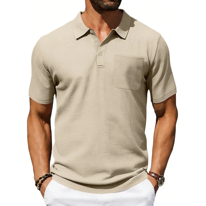 Polo da uomo in lino con risvolto e taschino, vestibilità ampia, traspirante, a maniche corte, stile casual streetwear europeo-americano, collezione Estate 2026 - immagine 5