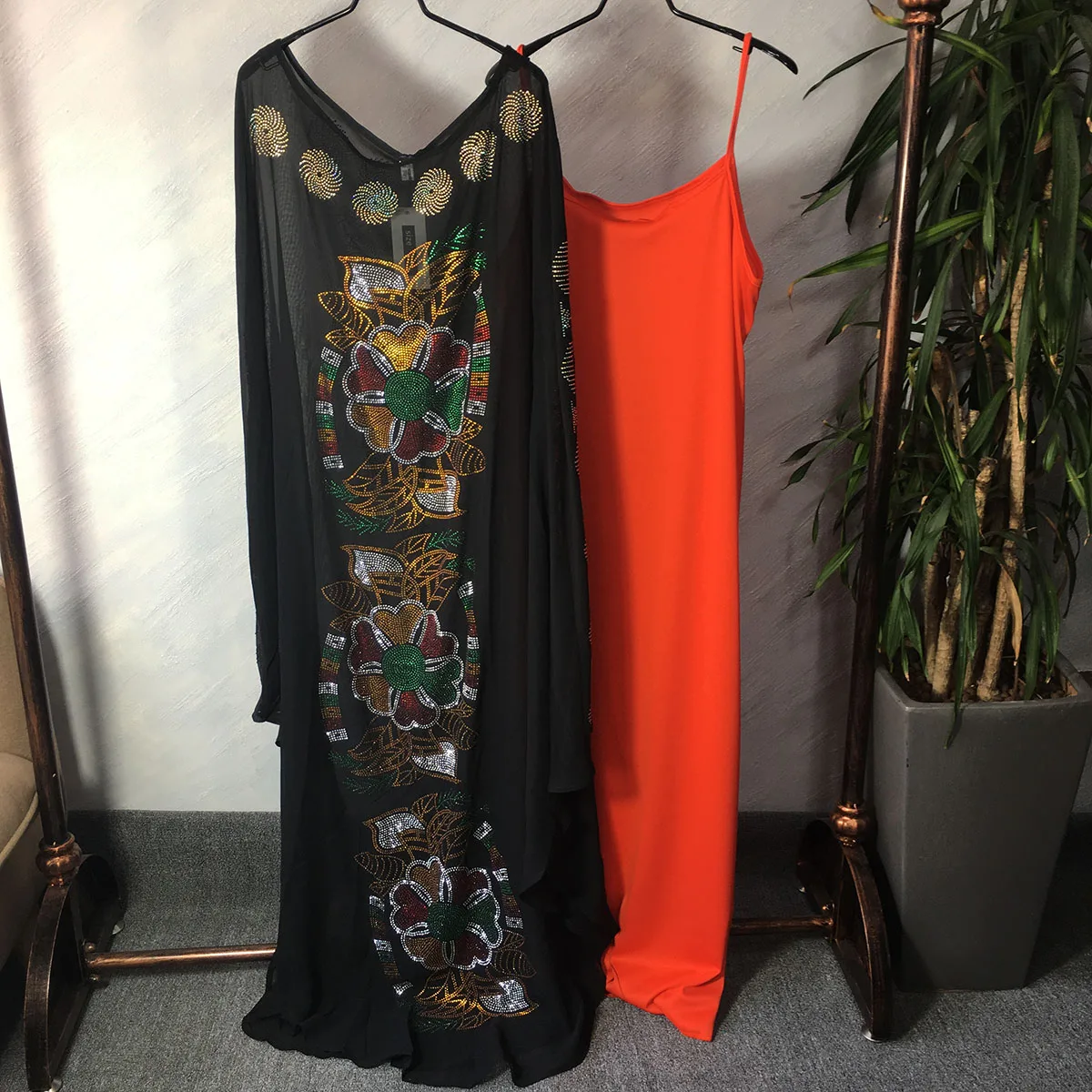 Houseofsd Women Fashion Chiffon Diamond African Style Dresses Ladies O Neck Muslim Abaya Dress Islamic Clothing With Inner