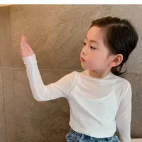 Girls Mesh Top Long-sleeved Hollow Mesh T-shirt Children's Transparent Sequins Fashion New Style Outer Bottoming Shirt 1