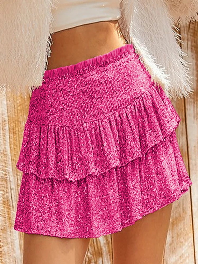 

Summer Women's Short Sexy Style Polyester Material 2024 New Fashionable Solid Color Sequin Boundless Pleated Short Skirt