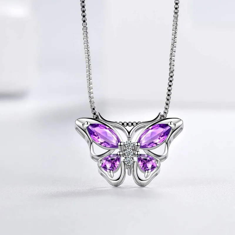 Butterfly Jewelry Set for Women Butterflies Amethyst Birthstone Pendant Necklace/Earrings/Rings for Wedding Valentine's Day Gift bridal jewelry sets,earring ring sets