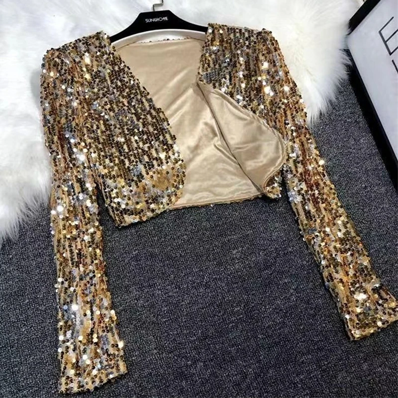 Damen Funkelndes Pailletten-Langarm-Crop-Top mit V-Ausschnitt und Offener Front, Glitzer-Bluse für Abendpartys, Nachtclubs, Raves und Festival-Outfits – Detail 5