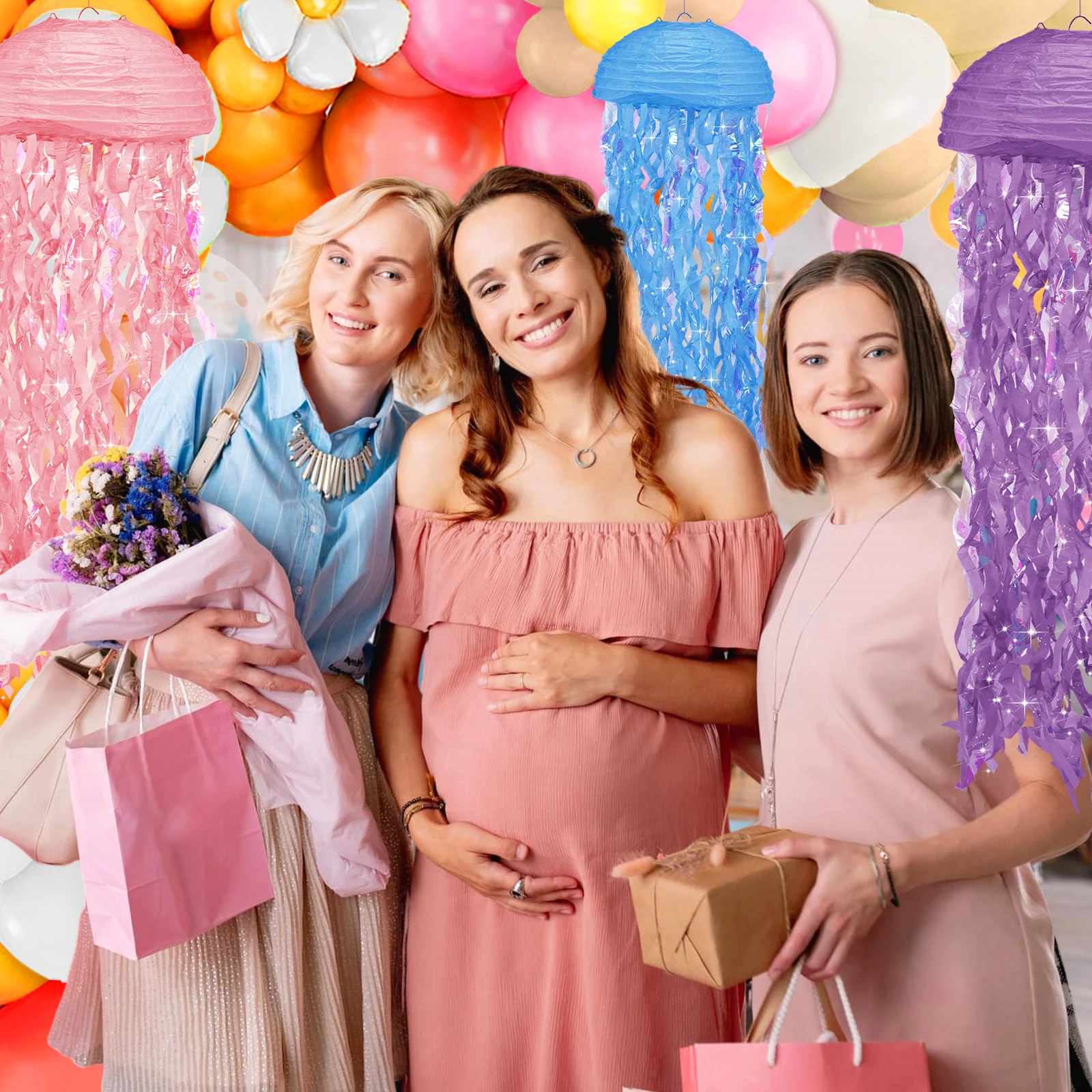 6Pc Jellyfish Paper Lantern Set Gradient Colorful Jellyfish Hanging Lantern Decorative Blue Purple Pink Mermaid Theme Paper Lamp