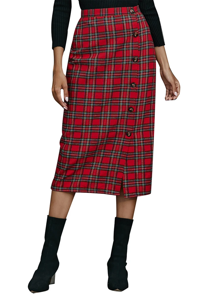 Winter Vintage Skirt Boho Sexy Y2k Cargo Long Slim Streetwear Plaid Sporty Midi Pencil Woman Casual Button Skirts Female Elegant