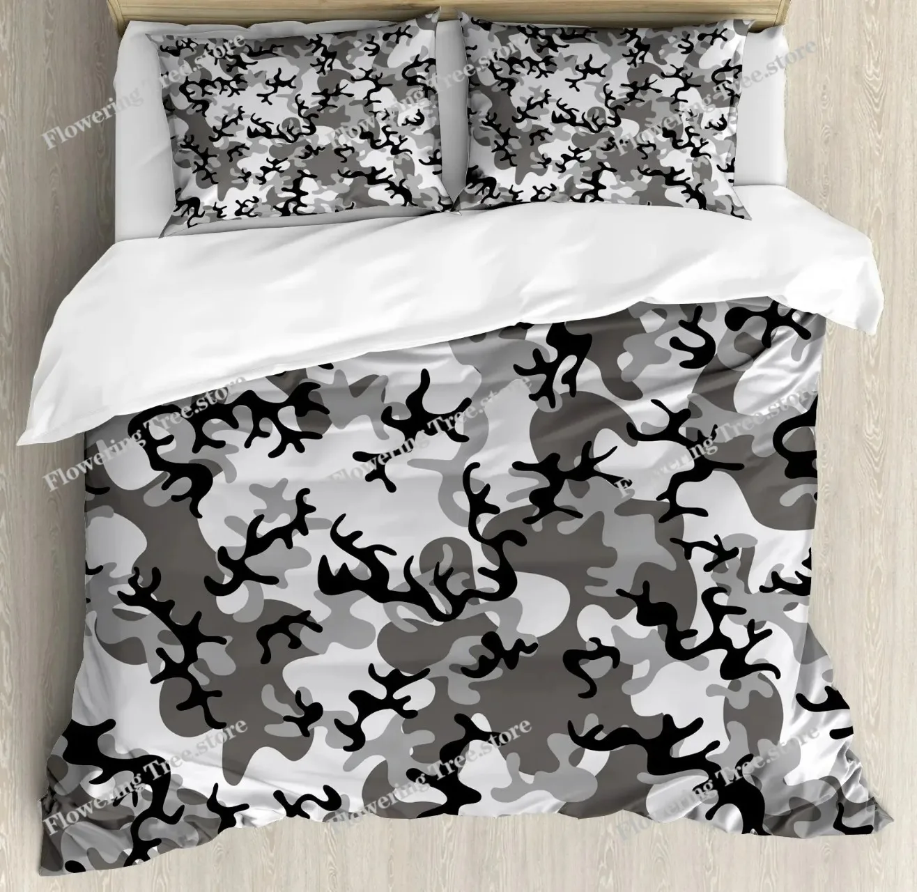 Grey Camo Comforter Bedding Set Full Size, Camouflage Army Design Bedding Collections for Kid Boy, Soft All-Season Bed Set 3
