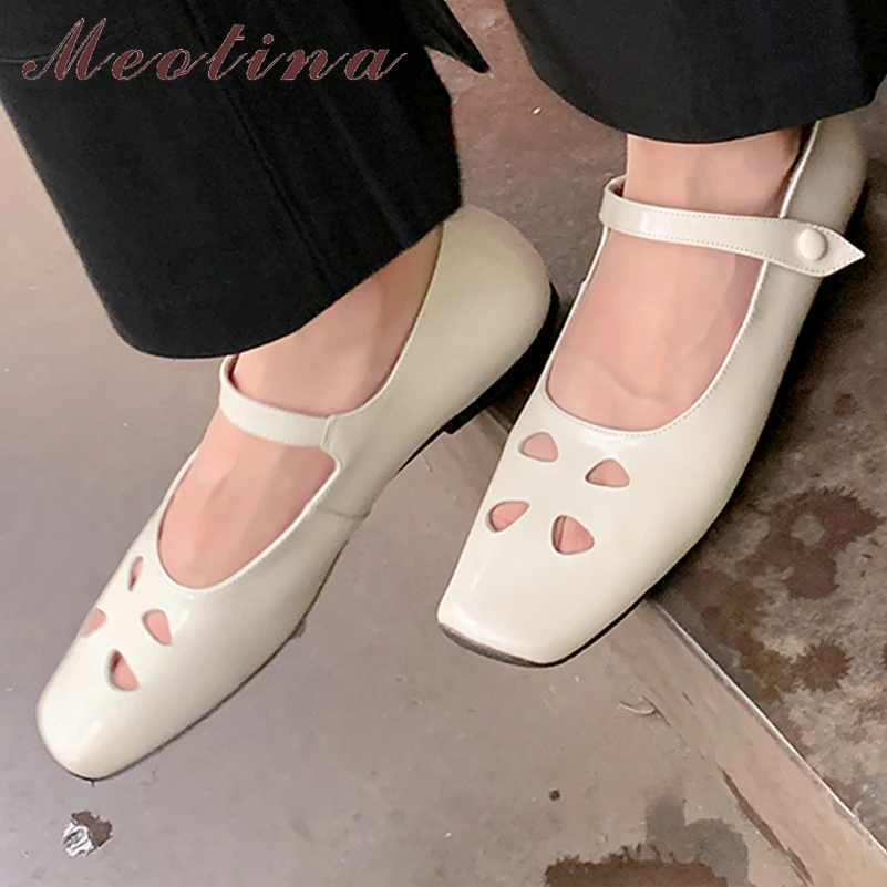 

Meotina Women Genuine Leather Mary Janes Square Toe Flats Concise Glove Shoes Ladies Fashion Casual Shoes Spring Autumn Beige 40