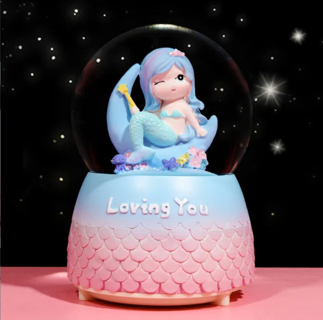 Crystal Ball Music Box Mermaid Girls Birthady Gifts Glowing Snowflakes Music Box Home Decoration Desktop Ornament 3