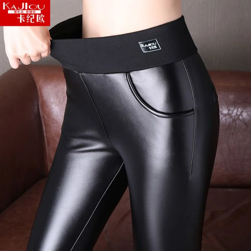 

[Thick Fleece Soft Leather] Leather Pants Women's Autumn and Winter High Waist Velvet Thickening Step-on Pu Leggings Skinny Trou