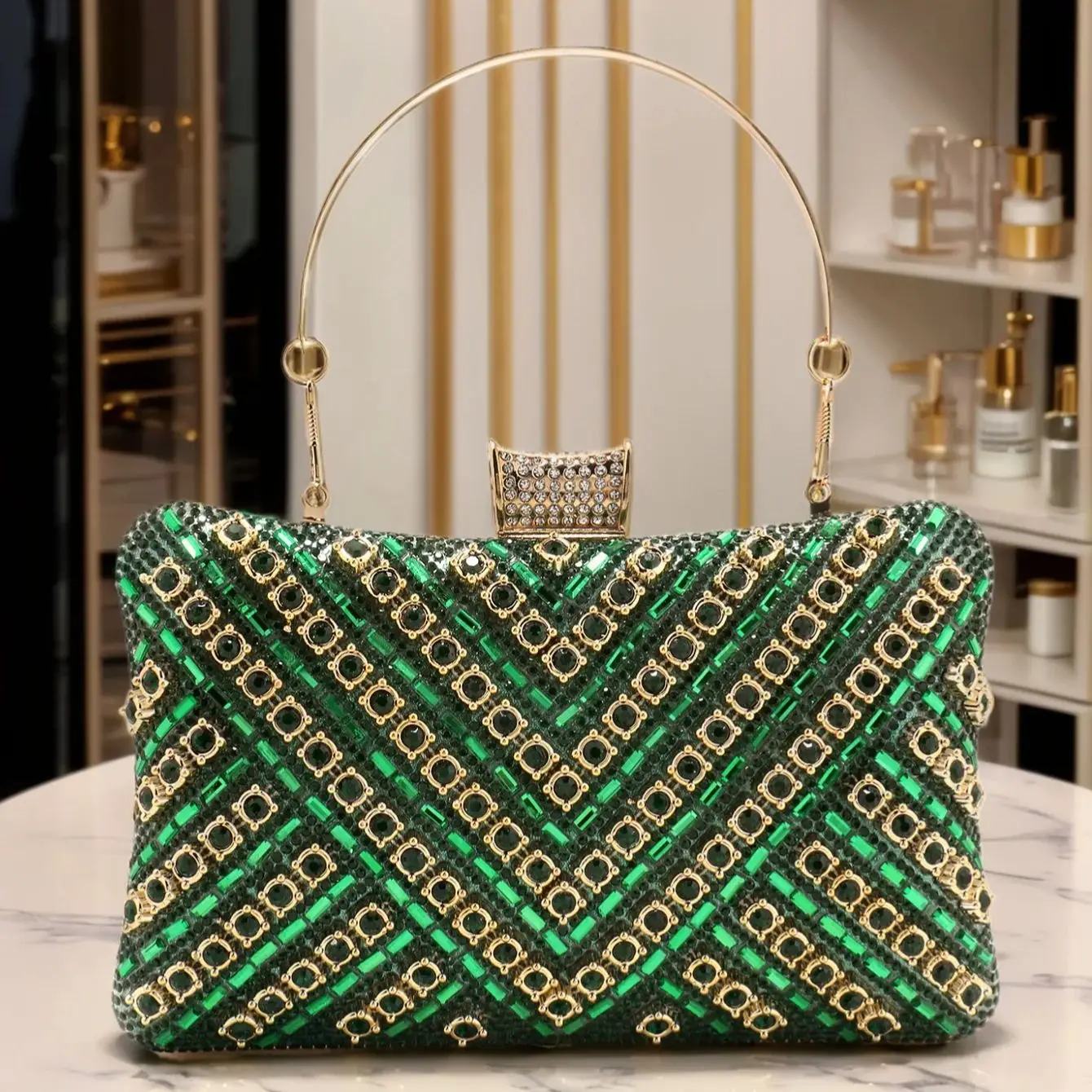 Golden Rhinestone Beaded Evening Clutch Bag for Women
