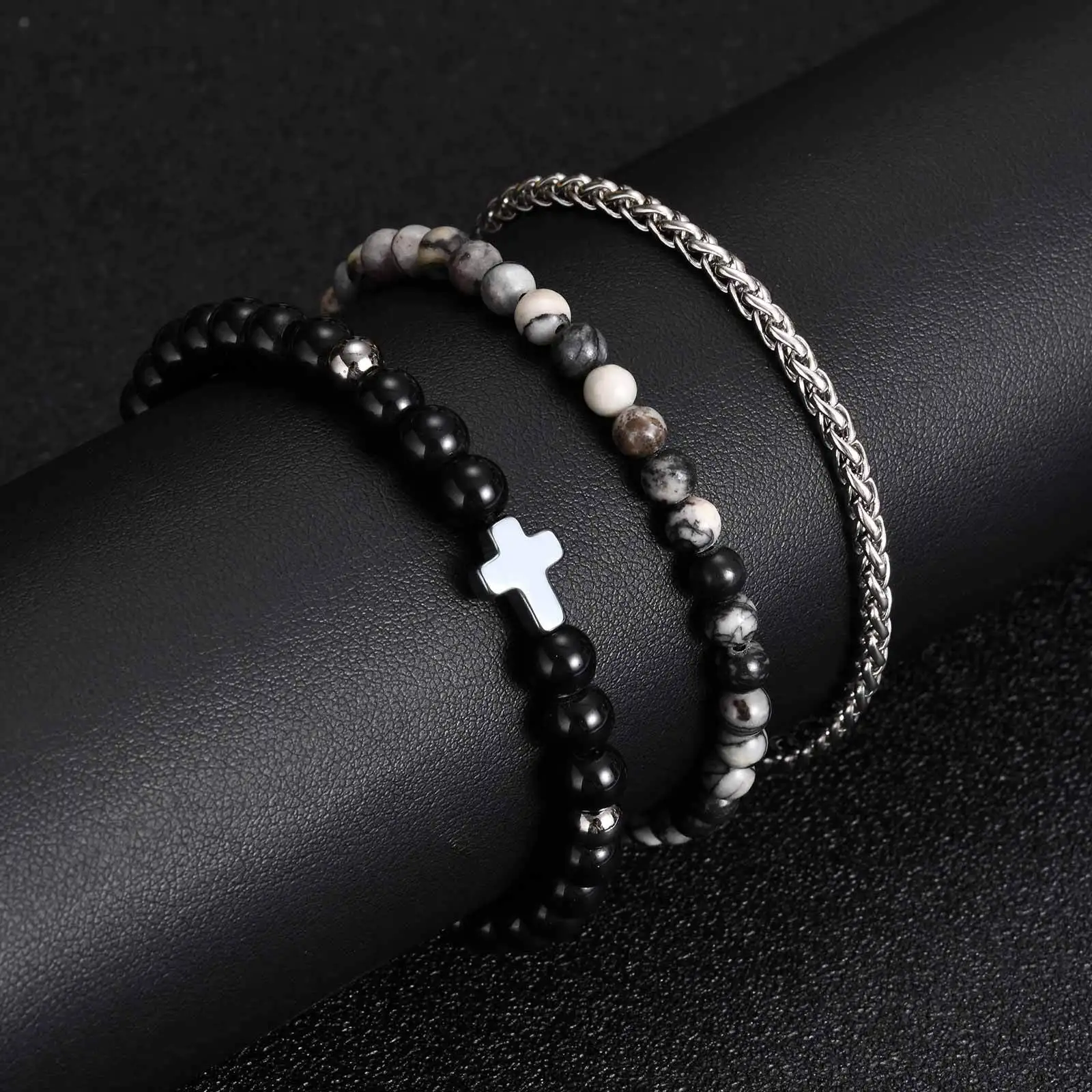 3pcs Men's Cross Beaded Bracelet,Punk Stainless Steel Chain Bracelet,Vintage Trendy Jewelry Gift for Him Boys