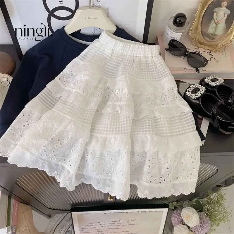Baby Girls Fashion White Lace Long Skirts Spring Autumn Summer Elegant Kids Birthday Casual Skirt Children Clothes