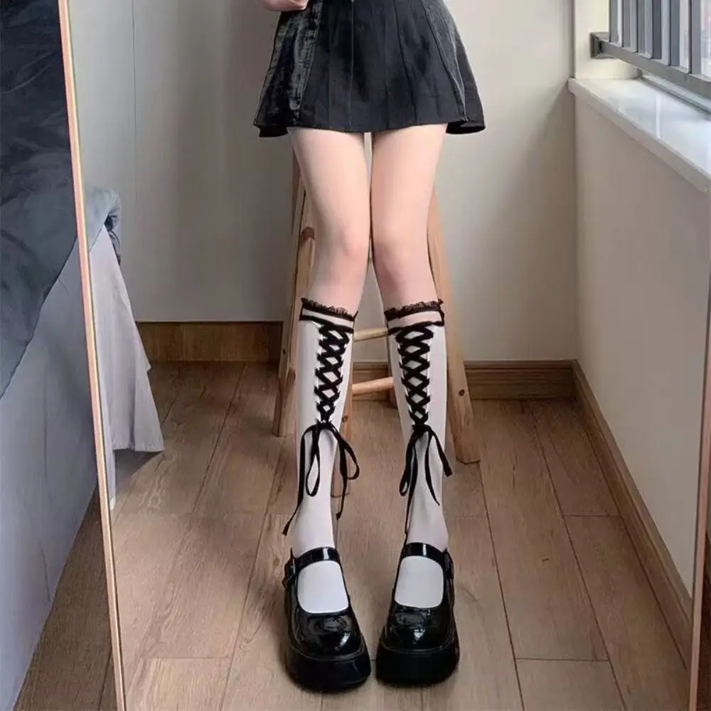 Black Nylon Lace Knee High Socks for Women Gothic Style
