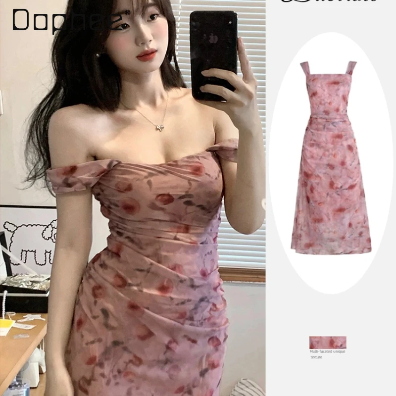 

Spring and Summer Women's Printed Floral Mid Vest Dress Woman 2024 New Sexy Elegant Tie-Dyed Slim-Fit Midi Strap Sheath Dresses