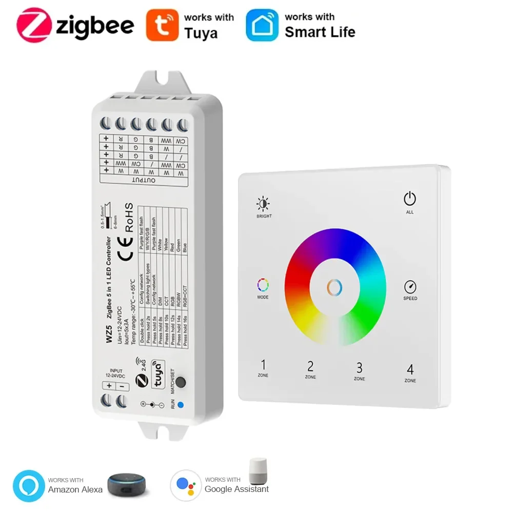 Enhanced Smart LED Controller with 5-in-1 RGBCCT Dimming and Touch Panel Switch for Voice Control Integration