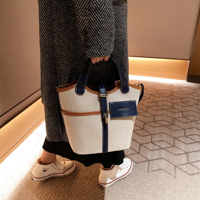

Women New Fashion Canvas Bucket Handbag Women's Multi-function Shoulder Bags Simple Portable Vegetable Basket Storage Satchel