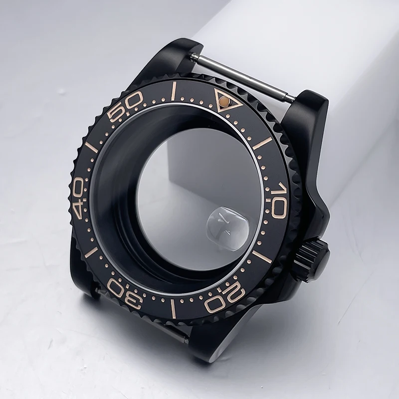 All-Black Sub Style Watch Case with Rubber Strap and Sapphire Crystal