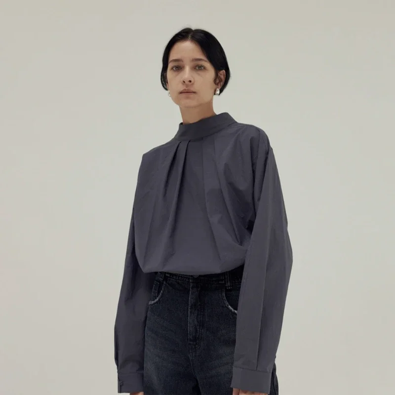

Women Stand Collar Pleated Loose Shirt 2023 Spring and Summer New Style