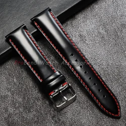 Glossy Stitching Leather Watchband - Quick Release, Waterproof, Unisex Design - 22mm (Black Red)