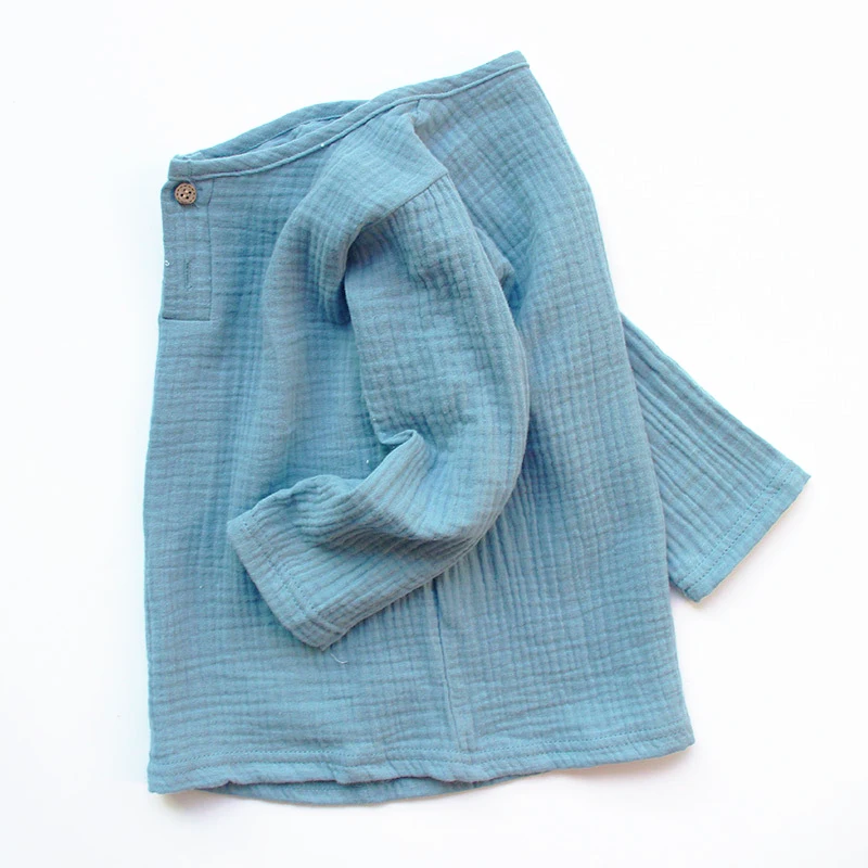 Spring Kids T-shirts Baby Linen Pleated Solid Color Tops Children Long Sleeve For Boys and Girls